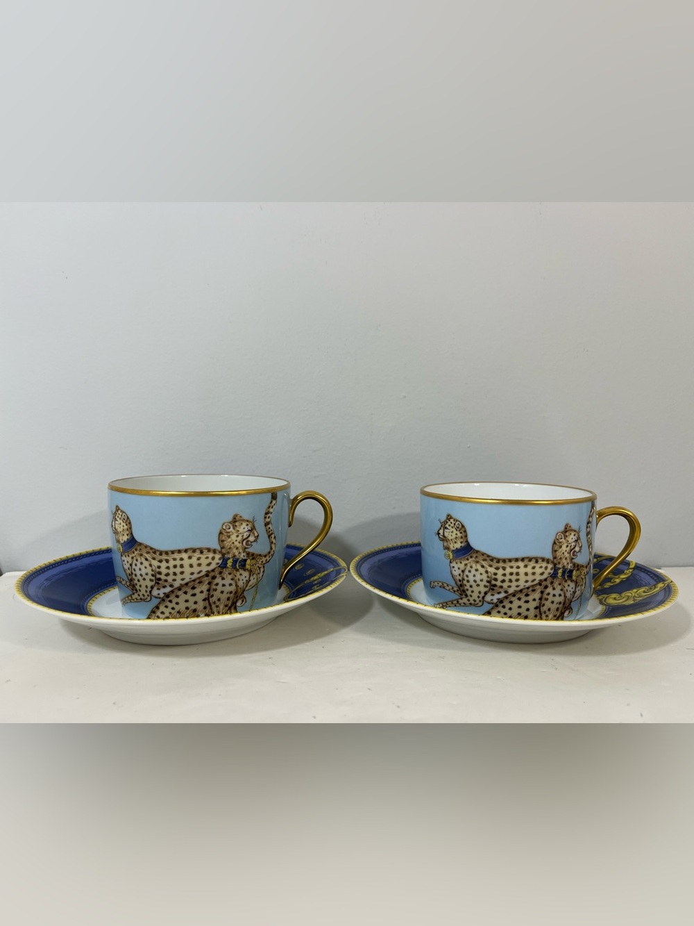 Porcelaine de Paris Ed Memory Cheetah Cups and Saucers Limoges Set of 2